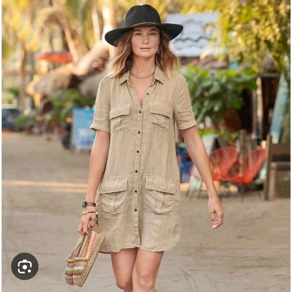 Sundance Dresses & Skirts - Sundance Tan 100% Linen Safari Outdoor Button Up Harper Mini Shirt Dress Size S